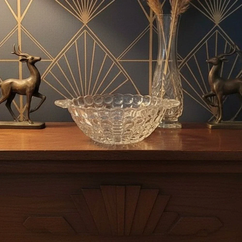 Anchor‎ Hocking Clear Bubble Glass Dish, Vintage Tab-Handle Centerpiece Bowl